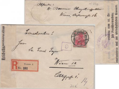 DR - 4 M. Germania Einschreibebrief n. ÖSTERREICH Worms 2 - Wien 1922 Zensur