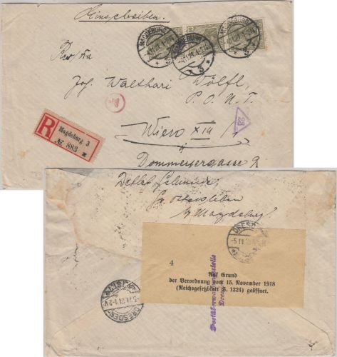 DR - 3x60 Pfg. Germania Einschreibebrief n. ÖSTERREICH Magdeburg 1921 Zensur