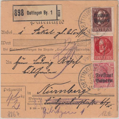 Bayern - 50 Pfg. Ludwig/Freistaat u.a. Paketkarte Oettingen - Nürnberg 1920