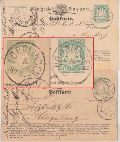 Bayern - 2x2 Kr. Wappen Ganzsache versch. Farbtöne je K1 Nördlingen 1874