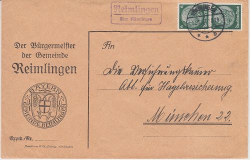 DR - Reimlingen ü. Nördlingen Landpost-Ra2 Brief n. München 1936