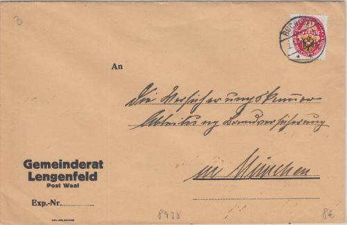 DR - 15 Pfg. Nothilfe Wappen Brief Buchloe (Lengenfeld) n. München 1930