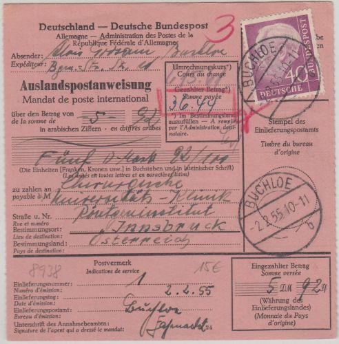 BRD - 40 Pfg. Heuss I Postanweisung n. ÖSTERREICH Buchloe - Innsbruck 1955