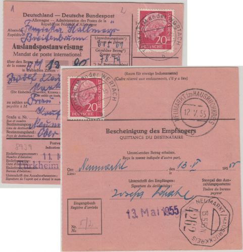 BRD - 2x20 Pfg. Heuss I Postanweisung n. ÖSTERREICH Türkheim a.d.W. 1955