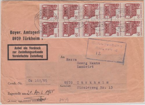 BRD - 20 Pfg. kl. Bauwerke 10er-Block Orts-Zustellurkunde Türkheim 1965