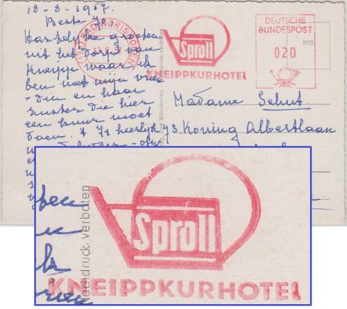 BRD - Bad Wörishofen 20 Pfg. AFS "Sproll Kneippkurhotel" Karte n. BELGIEN 1957