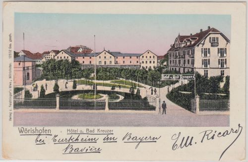 Bayern - Bad Wörishofen Hotel u. Bad Kreuzer farb. AK gelaufen 1904