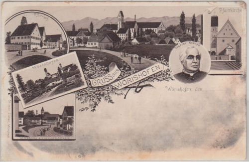 Bayern - Bad Wörishofen Pfarrhof Kirche etc. sw-Mehrbildlitho ca. 1895