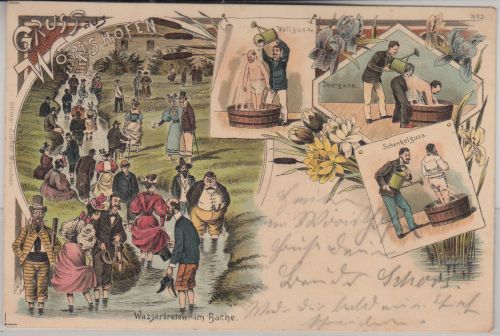 Bayern - Bad Wörishofen Wassertreten etc. Juxkarte farb. Mehrbildlitho 1898