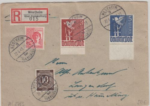All.Bes./Währungsreform - 5 M. Taube u.a. Einschreibebrief Westheim 22.6.48