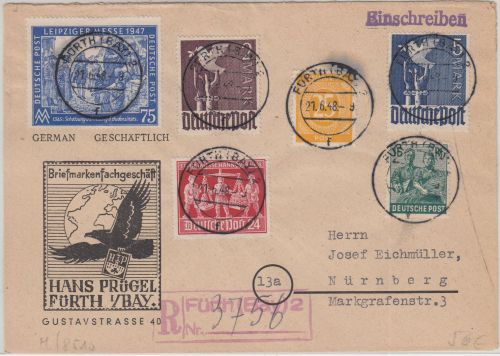 All.Bes./Währungsreform - 5 M. Taube u.a. Einschreibebrief Fürth 21.6.4822.6.48