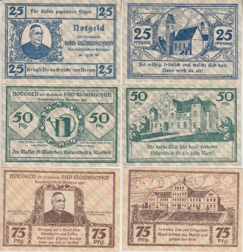 Bayern - Bad Wörishofen 25-50-75 Pfg. 3 Notgeldscheine 100jahrfeier Kneipps 1921
