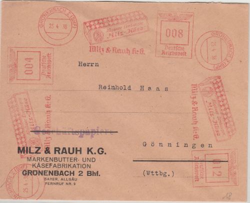 DR - 4+8+12 Pfg. 3xAFS "Milz-Käse" Firmenbrief Grönenbach - Gönningen 1938