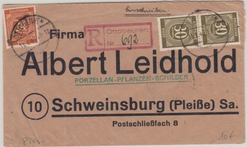 All.Bes. - 2x30+24 Pfg. Ziffer Einschreibebrief Ottobeuren - Schweinsburg 1947