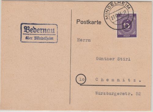 All.Bes. - Bedernau ü. Mindelheim Landpost-Ra2 Drucksache n. Chemnitz 1946