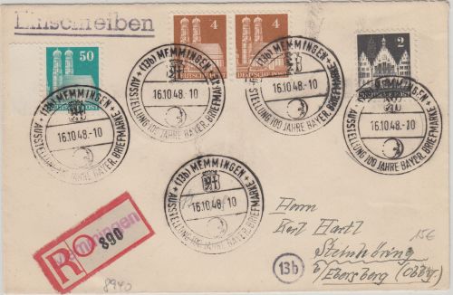 Bizone - Memmingen 1948 Ausst. 100 J. Bayer. Briefmarke SST Einschreibebrief