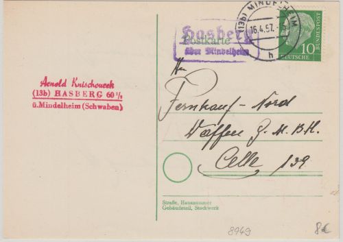 BRD - Hasberg ü. Mindelheim Landpost-Ra2 Karte n. Celle 1957