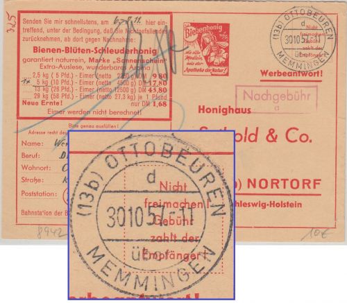 BRD - (13b) Ottobeuren ü. Memmingen 1957 Poststelle I unfrank. Karte Nachporto