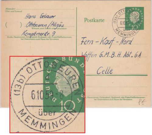 BRD - (13b) Ottobeuren ü. Memmingen Poststelle I 10 Pfg. Ganzsache n. Celle 1959