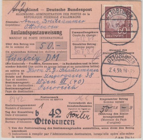 BRD - 60 Pfg. Heuss I Postanweisung n. ÖSTERREICH Ottobeuren - Wien 1955