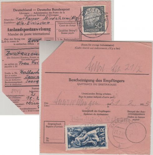 BRD - 50 Pfg. Heuss I Postanweisung ins SAARLAND Mindelheim - Saarwellingen 1955