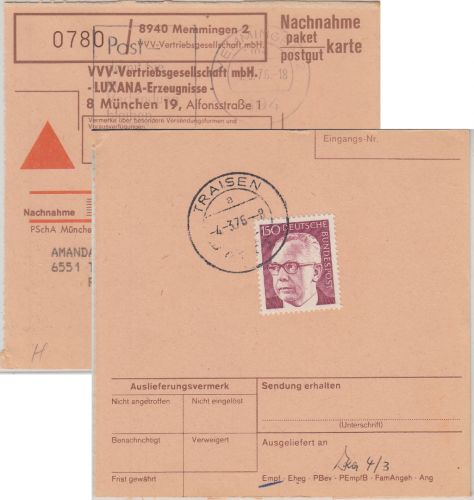BRD - Memmingen 1976 Selbstbucher Nachnahme-Paketkarte n. Traisen