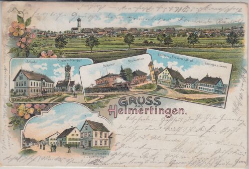 Bayern - Heimertingen Bahnhof Bäckerei Brauerei Mehrbild-Farblitho gelaufen 1908