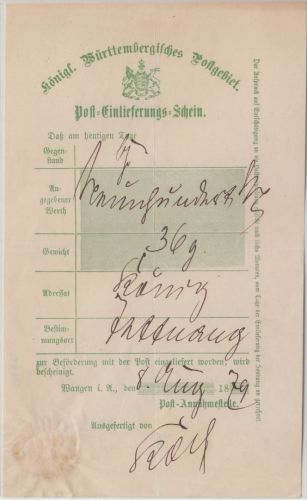 Württemberg - Wangen 1879 Einlieferungsschein m. Ortsvordruck