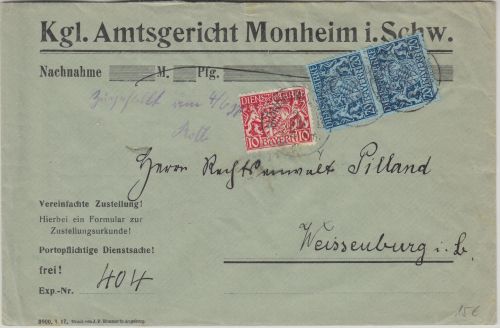 Bayern - 2x20+10 Pfg. Staatswappen Zustellurkunde Monheim - Weissenburg 1917
