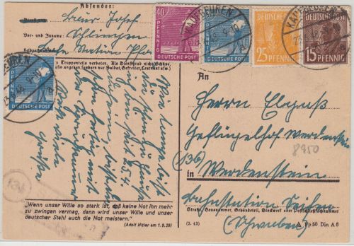 All.Bes./Währungsreform - Kaufbeuren 23.6.48 9-10 Fernkarte Briefkastenleerung!