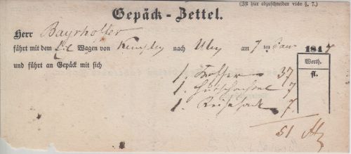 Bayern - Kempten 1847 Gepäckzettel f. Eilwagenfahrt n. Ulm