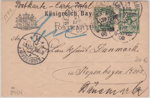 Bayern - 5 Pfg. Rauten Ganzsache+Zusatz n. DÄNEMARK Nesselwang - Kopenhagen 1900