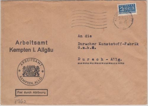 Bizone - 2 Pfg. Notopfer Frei d. Ablösung portofr. Brief Kempten - Durach 1949