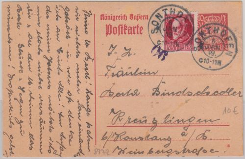 Bayern - 10 Pfg. Hupp Ganzsache+Zusatz i.d. SCHWEIZ Sonthofen - Kreuzlingen 1919