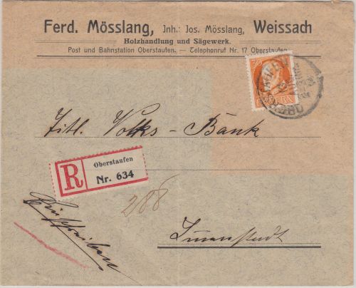 Bayern - 30 Pfg Ludwig Einschreibebrief Oberstaufen (Weissach) - Immenstadt 1914