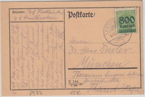 DR-Infla - 800 Tsd./1.000 M. Ziffer Fernkarte Hinterstein - München 4.10.23