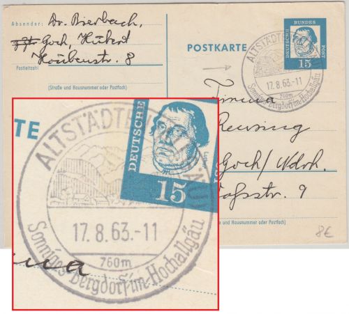 BRD - Altstädten 1963 aptierter Handwerbestpl. 15 Pfg. Ganzsache n. Goch