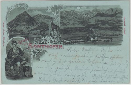 Bayern - Sonthofen Mehrbild-Mondscheinlitho gelaufen 1900