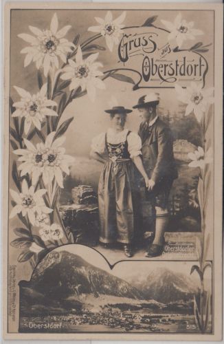 Bayern - Oberstdorf Ortsansicht Trachtenpaar sw-Foto-AK gelaufen/Feldpost 1918
