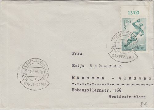 Österreich - 1,50 S. Handball Oberrand Brief Mittelberg Kleinwalsertal 1959