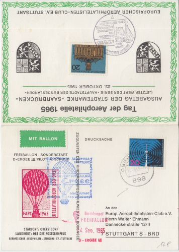 BRD - Oberstdorf 1965 Ballonpost Ergee III Sonderkarte m. Vignette n. Stuttgart