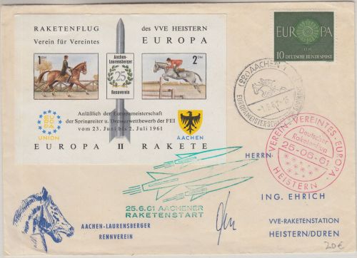 BRD - 10 Pfg. Europa Drucksache SST Aachen Springreiter-EM Raketenpost 1961