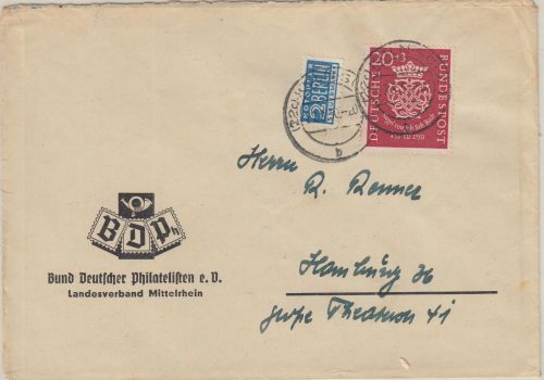BRD - 20 Pfg. Bachsiegel + Notopfer Brief Köln-Sülz - Hamburg 1950