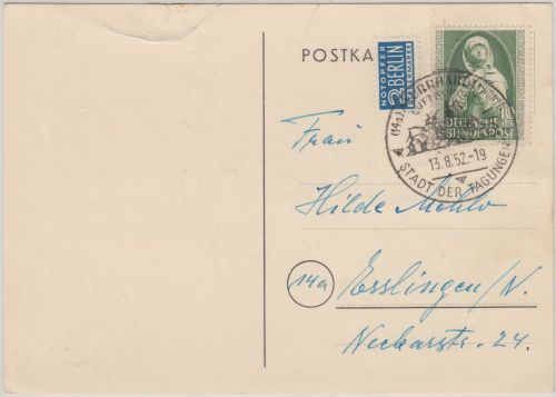 BRD - 10 Pfg. Germanisches Museum + Notopfer Karte Murrhardt - Esslingen 1952