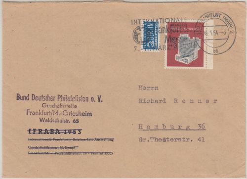 BRD - 20 Pfg. IFRABA + Notopfer Brief Frankfurt - Hamburg 1954