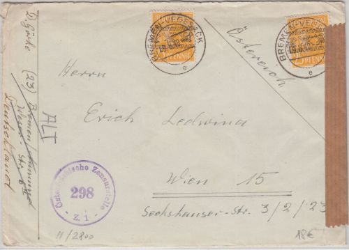 Bizone - 2x25 Pfg. Arbeiter/Band Zensurbrief n. ÖSTERREICH Bremen - Wien 9.8.48