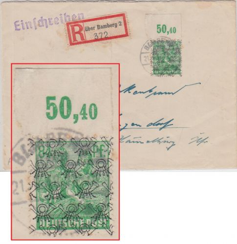 Bizone - 84 Pfg. Arbeiter/Netz Platte/Oberrand Einschreibebrief Bamberg 21.8.48