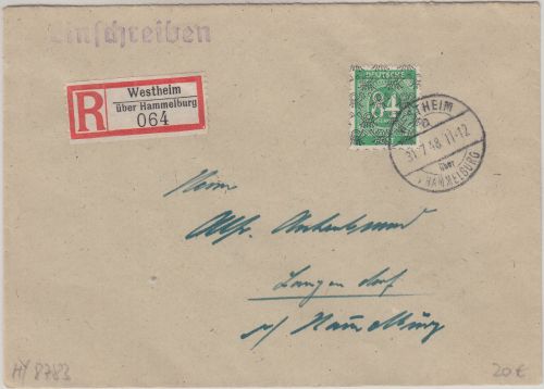 Bizone - 84 Pfg Ziffer/Netz Einschreibebrief Westheim ü. Hammelburg 31.7.48
