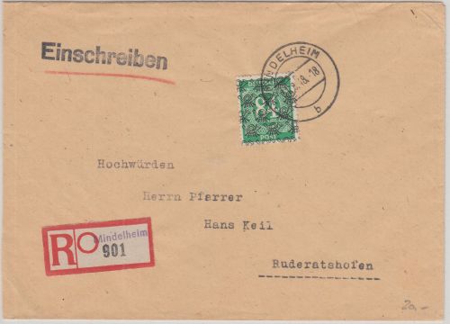 Bizone - 84 Pfg Ziffer/Netz Einschreibebrief Mindelheim - Ruderatshofen 11.8.48