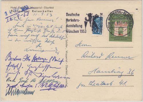 BRD - 10 Pfg. IFRABA Karte Wuppertal-Elberfeld - Hamburg Hamburg 1953